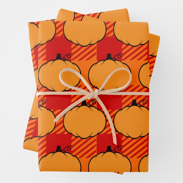 Thanksgiving Plaid Pumpkin Drawing Wrapping Paper Sheets (In situ)