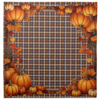 Thanksgiving Plaid with Pumpkin Border Cloth Napkin