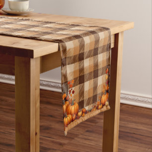 Thanksgiving Plaid with Pumpkin border Long Table Runner