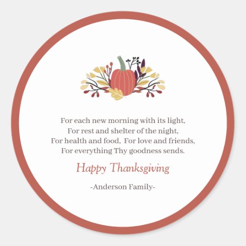 Thanksgiving Poem Country Rustic Pumpkin Bouquet Classic Round Sticker