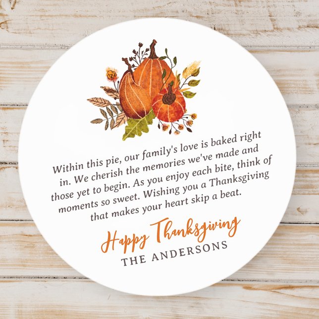 Thanksgiving Poem Country Rustic Pumpkin Harvest Classic Round Sticker (Creator Uploaded)