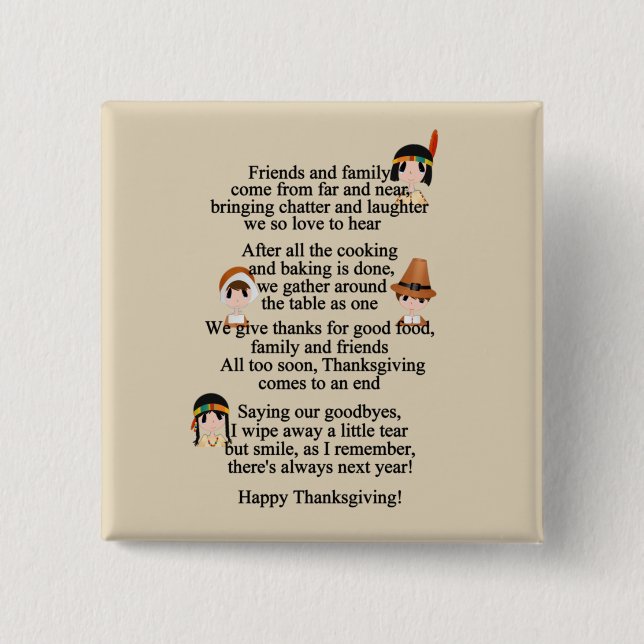 Thanksgiving poem Holiday Indians Pilgrims Button (Front)