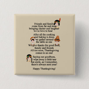 Thanksgiving poem Holiday Indians Pilgrims Button