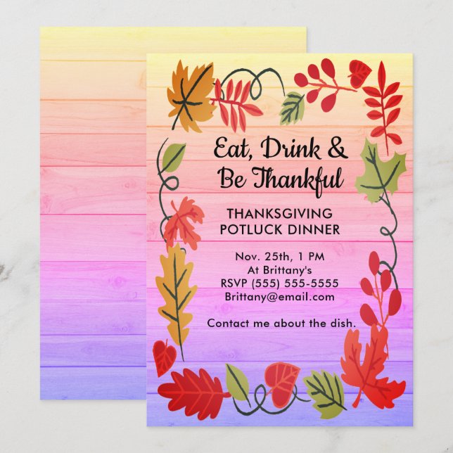Thanksgiving Potluck Dinner Colorful Wood Invite (Front/Back)