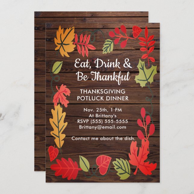 Thanksgiving Potluck Dinner Dark Brown Wood Invite (Front/Back)
