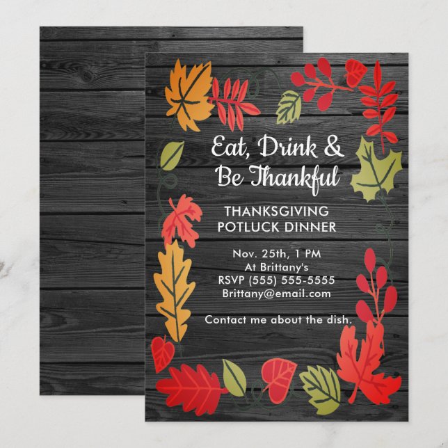 Thanksgiving Potluck Dinner Dark Gray Wood Invite (Front/Back)