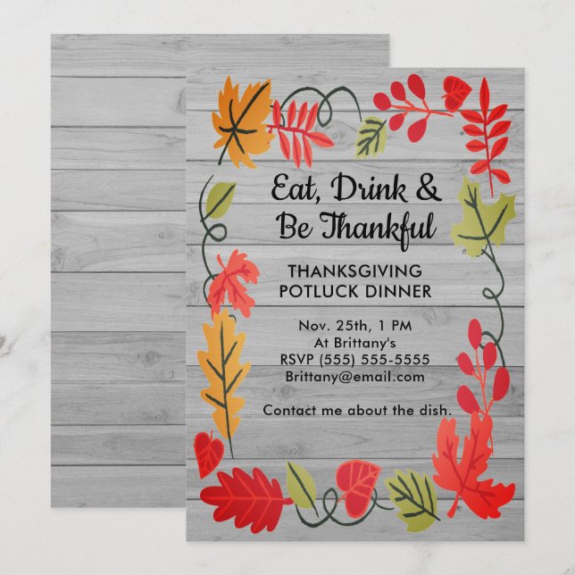 Thanksgiving Potluck Dinner Light Gray Wood Invite (Front/Back)