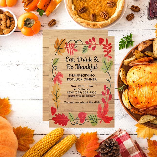 Thanksgiving Potluck Dinner LT Brown Wood Invite (Thanksgiving Potluck Dinner Light Brown Wood Invitation)