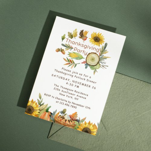 Thanksgiving Potluck Dinner Pumpkin Pie Sunflowers Invitation