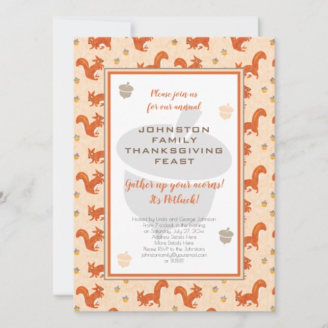 Thanksgiving Potluck Dinner Squirrels and Acorns Invitation (Front)