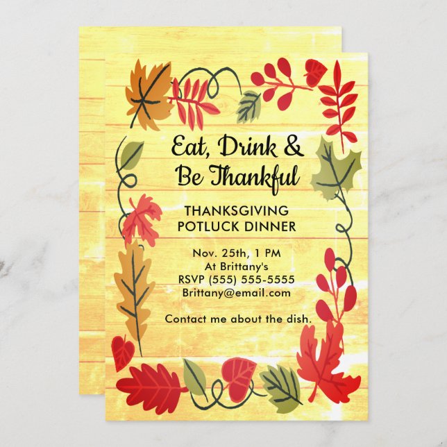 Thanksgiving Potluck Dinner Yellow Wood Invitation (Front/Back)