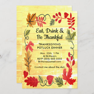 Thanksgiving Potluck Dinner Yellow Wood Invitation