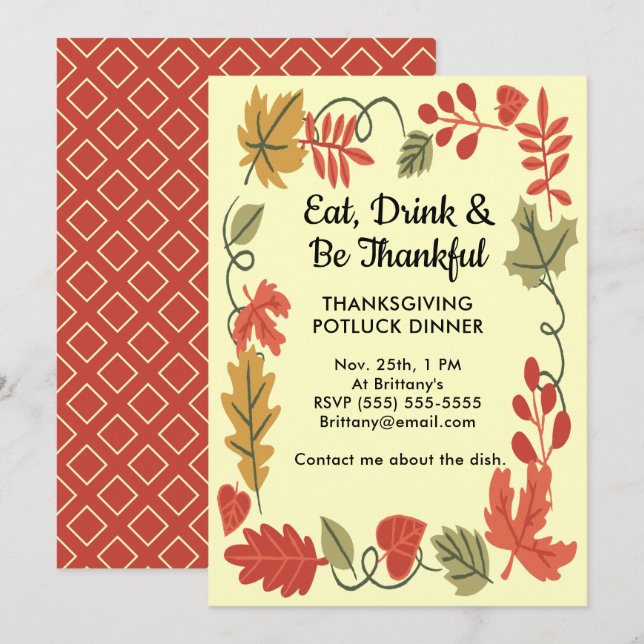 Thanksgiving Potluck Family Dinner Yellow Invite (Front/Back)