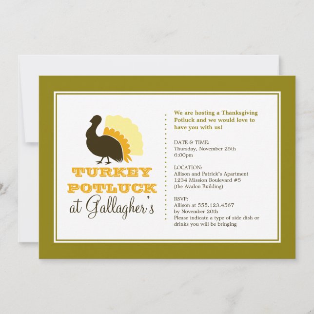 Thanksgiving potluck orange green turkey dinner invitation (Front)