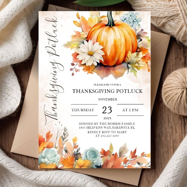 Thanksgiving Potluck Rustic Pumpkin Autumn  Invitation (Creator Uploaded)