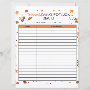 Thanksgiving Potluck Sign Up Sheet For Holiday