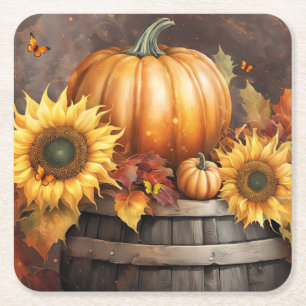 Thanksgiving Pretty Pumpkin Sunflowers Square Paper Coaster