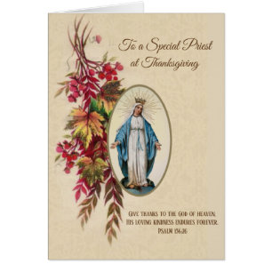Thanksgiving Priest Virgin Mary Autumn Flowers Cards