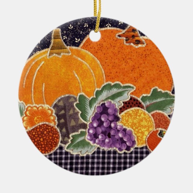 Thanksgiving Pumpkin and Friends Patchwork Ceramic Ornament (Front)