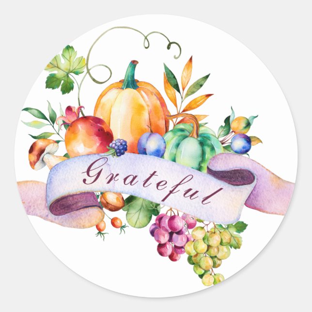 Thanksgiving Pumpkin and Fruit Round Sticker (Front)
