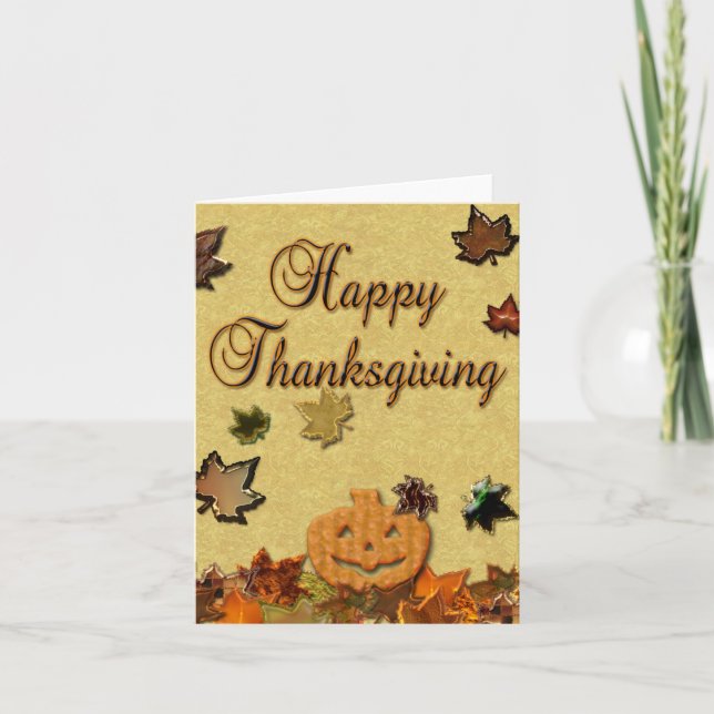 Thanksgiving Pumpkin and Leaves Holiday Card (Front)