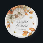 Thanksgiving Pumpkin and Leaves Paper Plates<br><div class="desc">Thankful and Grateful Thanksgiving paper plates are designed with Watercolor Pumpkin and Fall foliage. Matching items in our store. Cava Party Design</div>