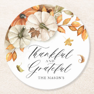 Thanksgiving Pumpkin and Leaves Round Paper Coaster