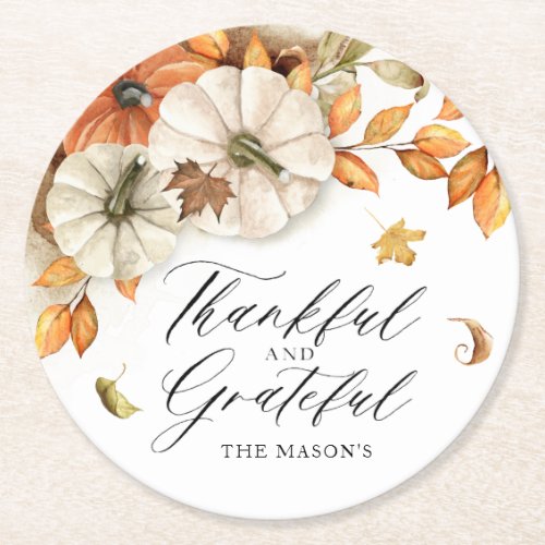 Thanksgiving Pumpkin and Leaves Round Paper Coaster