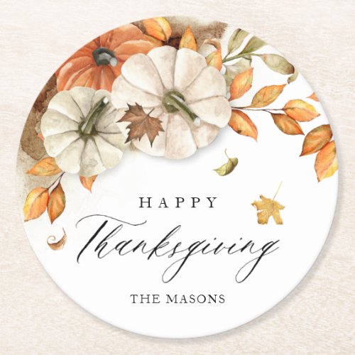 Thanksgiving Pumpkin and Leaves  Round Paper Coaster