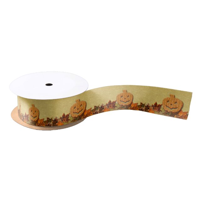 Thanksgiving Pumpkin and Leaves Satin Ribbon (Spool)