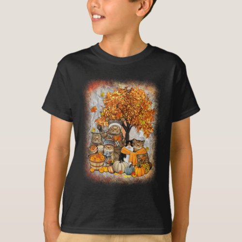 Thanksgiving Pumpkin Autumn Halloween Cats Fall Le T_Shirt