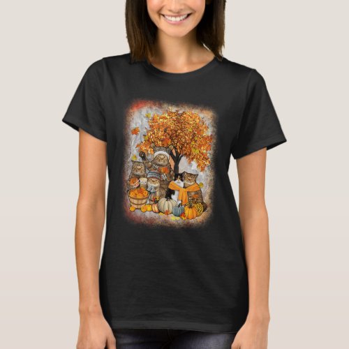 Thanksgiving Pumpkin Autumn Halloween Cats Fall Le T_Shirt