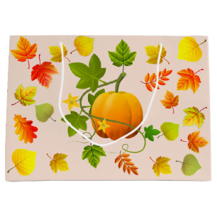 Thanksgiving Pumpkin & Autumn Leaves on Beige Large Gift Bag