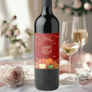 Thanksgiving pumpkin bow terracotta Grateful Wine Label