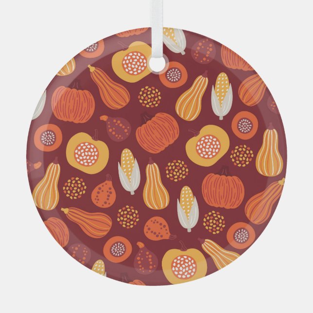 Thanksgiving Pumpkin Brown Seamless Pattern. Glass Ornament (Front)