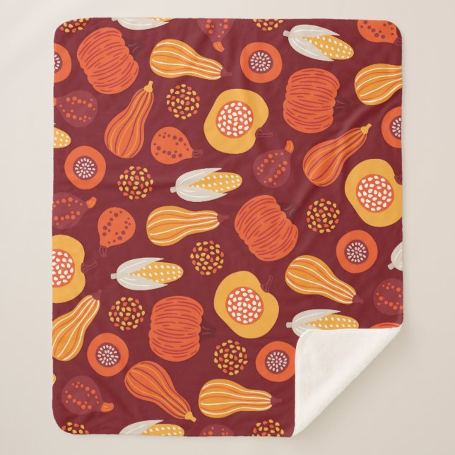 Thanksgiving Pumpkin Brown Seamless Pattern. Sherpa Blanket (Front)