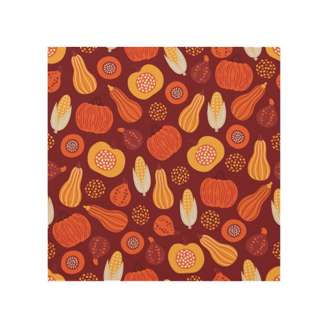Thanksgiving Pumpkin Brown Seamless Pattern. Wood Wall Art (Front)