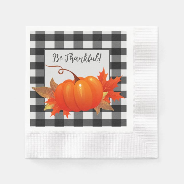 Thanksgiving Pumpkin Buffalo Plaid | Black  Napkins (Front)