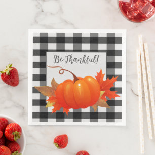Thanksgiving Pumpkin Buffalo Plaid   Black  Paper Dinner Napkins