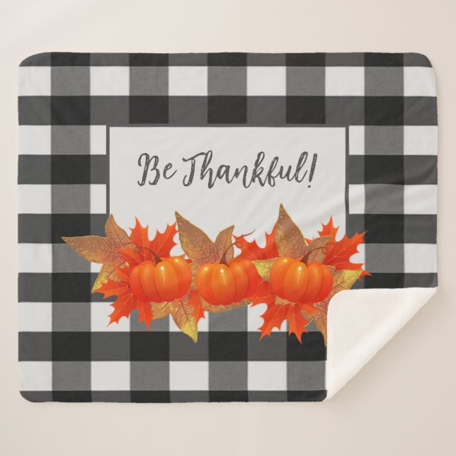 Thanksgiving Pumpkin Buffalo Plaid Sherpa Blanket (Front (Horizontal))