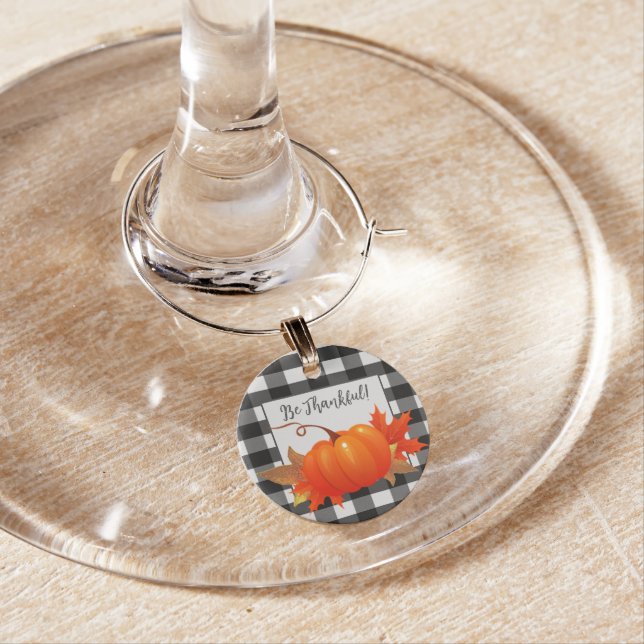 Thanksgiving Pumpkin Buffalo Plaid Wine Charm (In Situ)