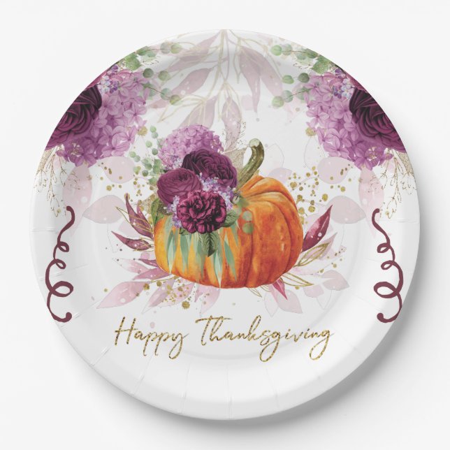 Thanksgiving Pumpkin Burgundy details Paper Plates (Front)