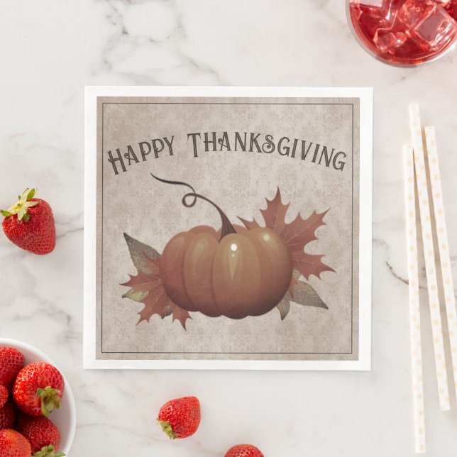 Thanksgiving Pumpkin Damask | Beige Paper Dinner Napkins (Insitu)