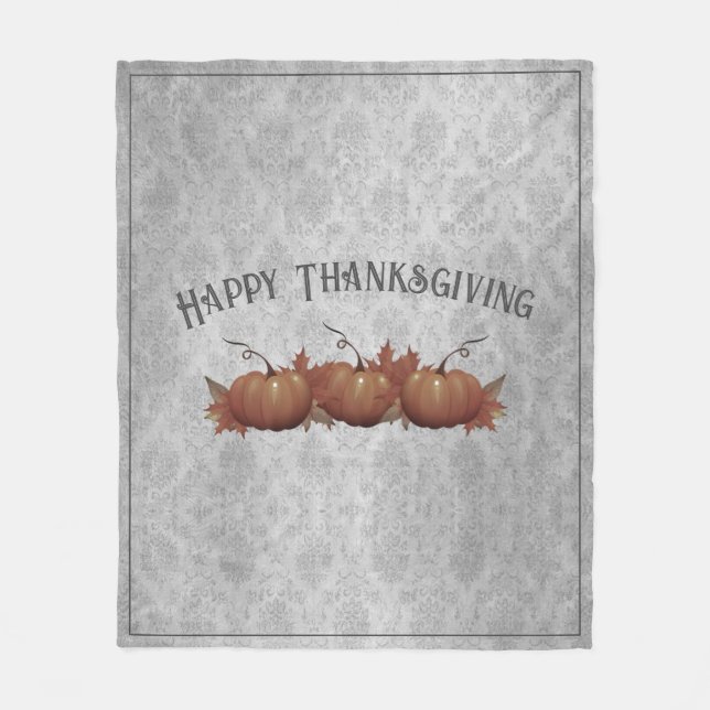Thanksgiving Pumpkin Damask | Gray Fleece Blanket (Front)