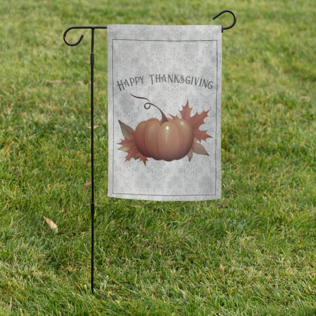 Thanksgiving Pumpkin Damask | Gray Garden Flag (In SItu)