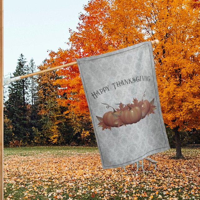 Thanksgiving Pumpkin Damask | Gray House Flag (Gray Thanksgiving Pumpkin damask House Flag)