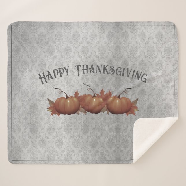 Thanksgiving Pumpkin Damask | Gray Sherpa Blanket (Front (Horizontal))