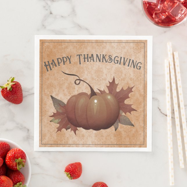 Thanksgiving Pumpkin Damask | Orange Paper Dinner Napkins (Insitu)
