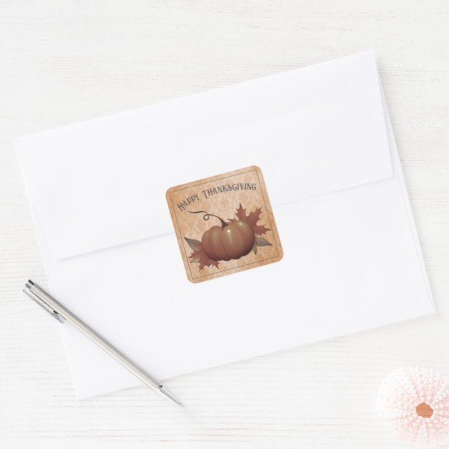 Thanksgiving Pumpkin Damask | Orange Square Sticker (Envelope)