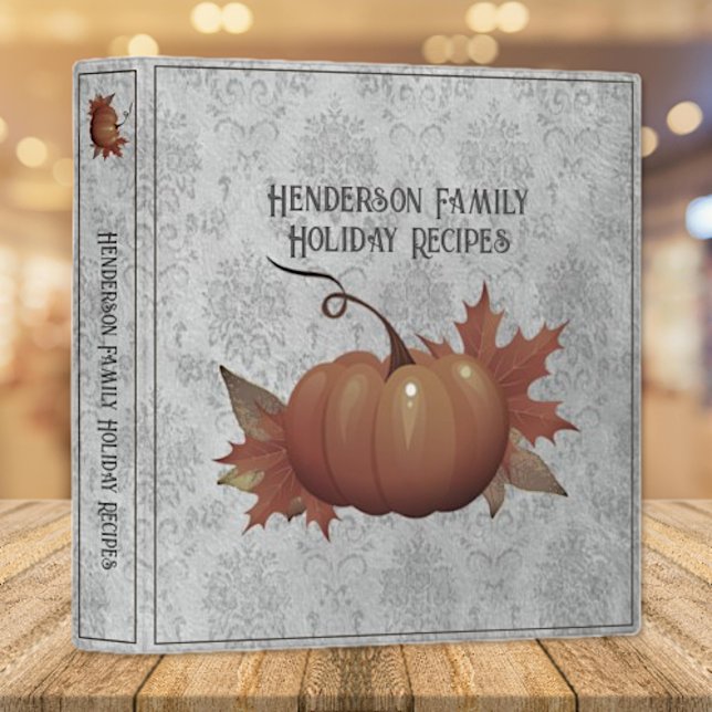 Thanksgiving Pumpkin Damask Recipe | Gray 3 Ring Binder (Gray Thanksgiving Pumpkin Damask Recipe Binder)